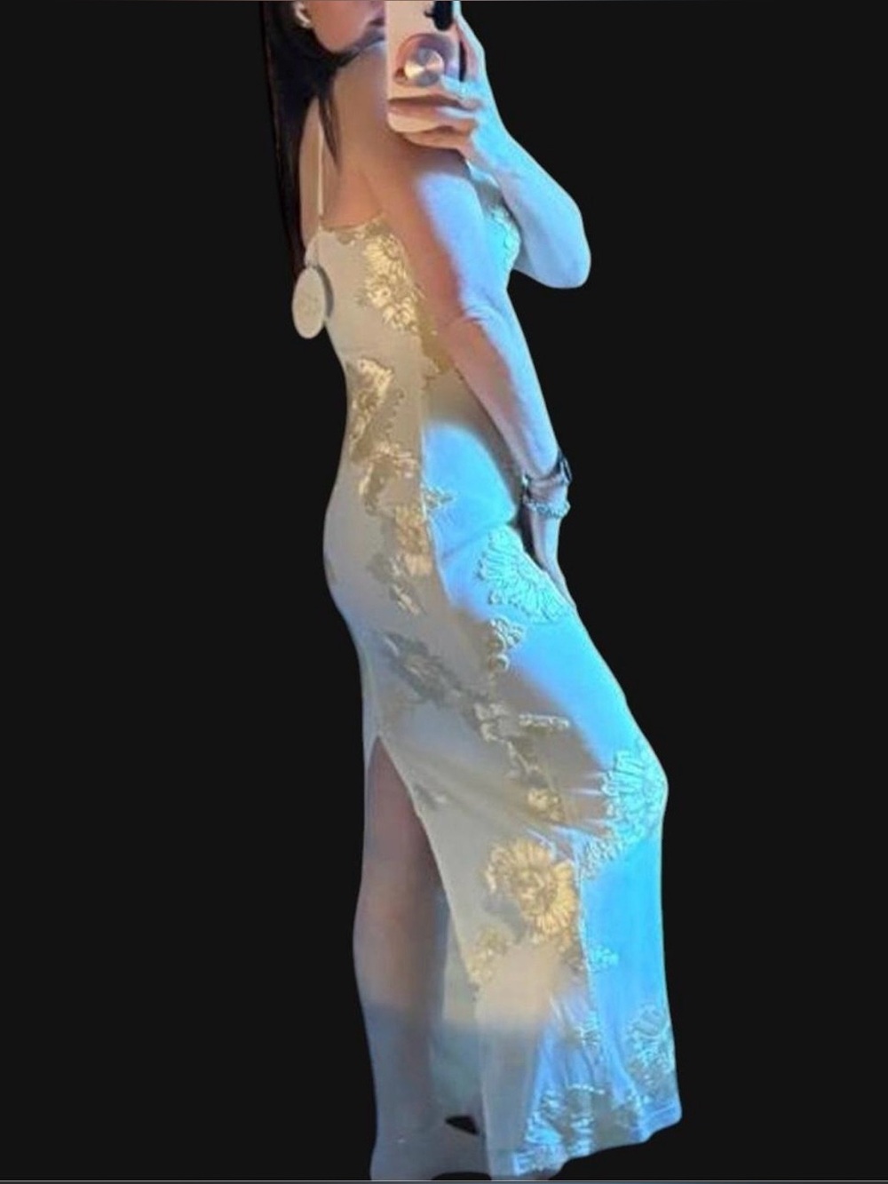 Elegant Ivory Maxi Dress with Gold Floral Appliqué